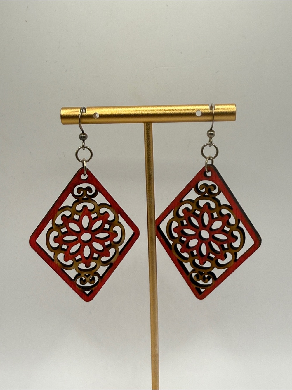 Vintage Boho Brown Red Wooden Diamond Shaped Dangle Drop Statement Earrings